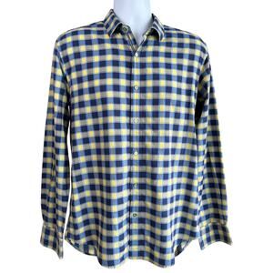 Bugatchi Uomo Mens Shaped Fit Dress Shirt Yellow Blue Plaid Size XL Career‎